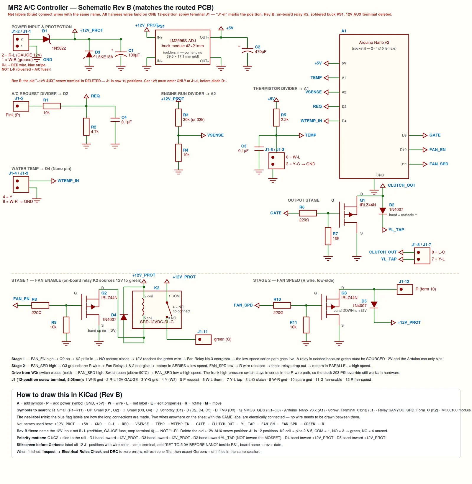 Full wiring schematic of the SW20 A/C controller showing every numbered connection between the factory A9 plug and the board.