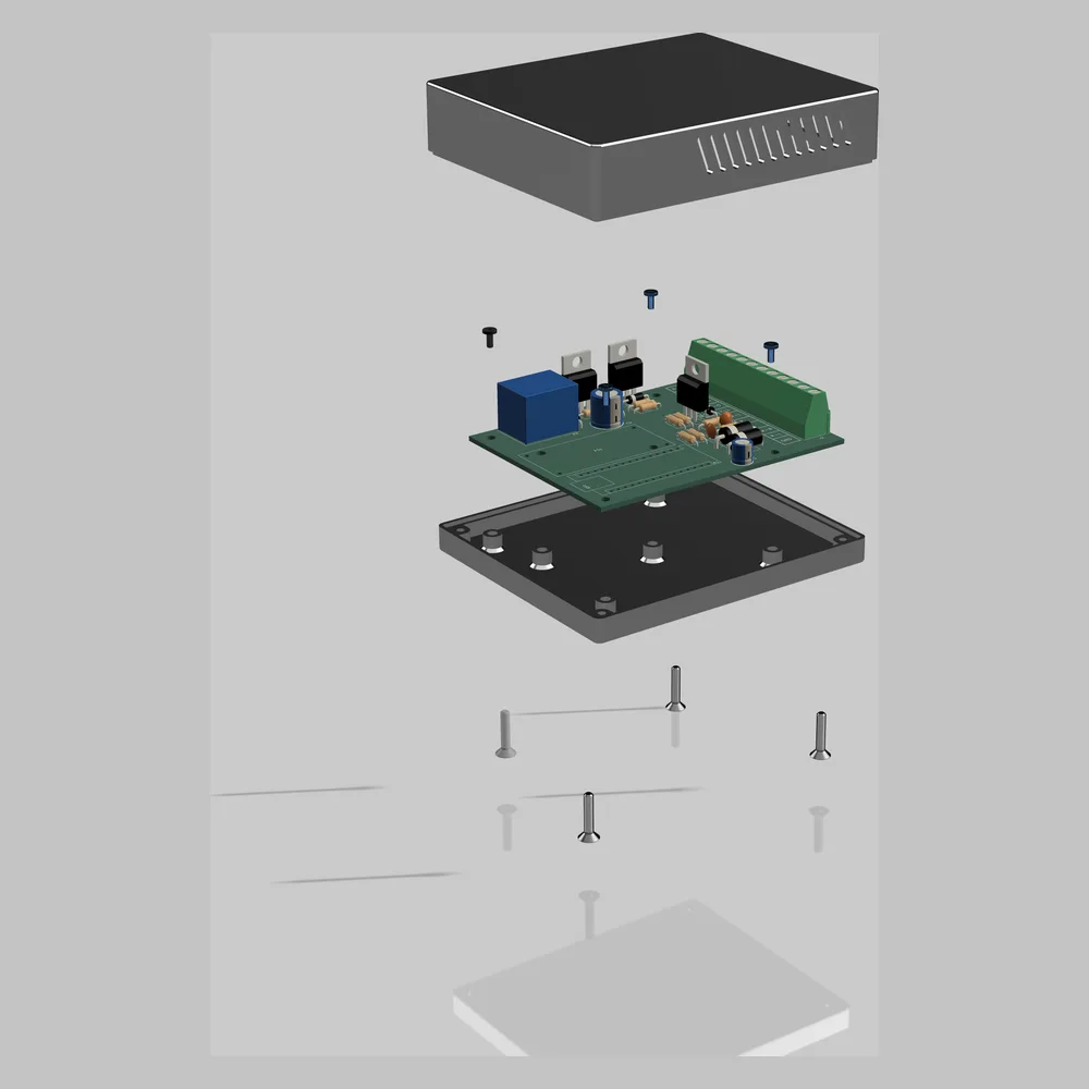 Exploded view of the controller: enclosure lid, populated PCB with relay, MOSFETs and screw terminal, and enclosure base with mounting bosses.