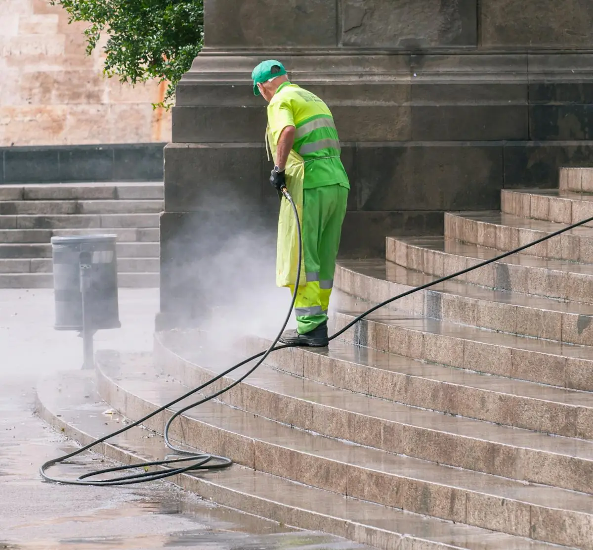 Pressure washing stone steps clean