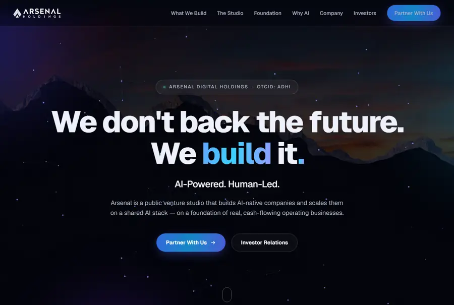 The Arsenal Digital Holdings homepage: a dark starfield hero reading We don't back the future. We build it.