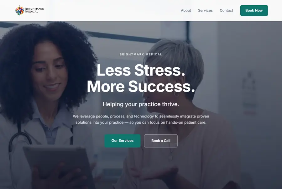 The Brightmark Medical homepage: a clinician and patient behind the headline Less Stress. More Success.