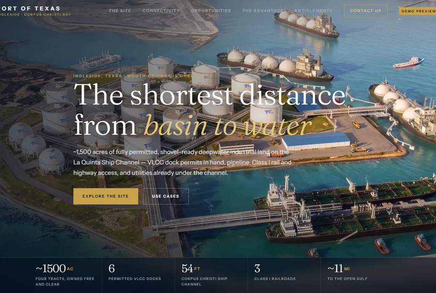 The Port of Texas homepage: an aerial rendering of a deepwater terminal island with storage tanks and tankers behind the headline The shortest distance from basin to water.