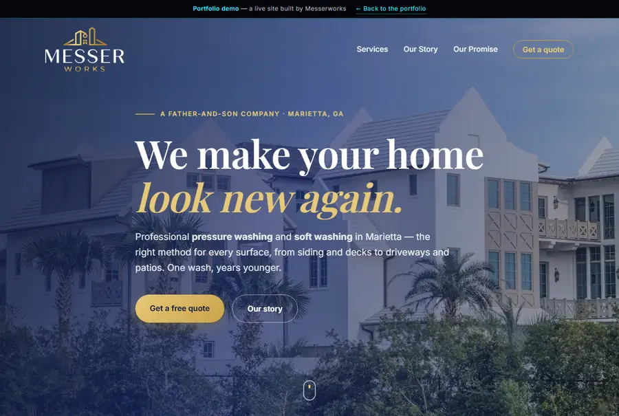 The Messer Works pressure-washing homepage: a house at dusk behind the headline We make your home look new again.