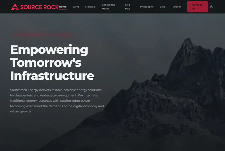 The Sourcerock Energy Production homepage: a dark hero over a mountain photograph reading Empowering Tomorrow's Infrastructure.